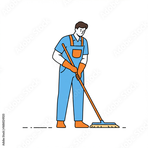 Person sweeping the floor with a flat mop in vector design