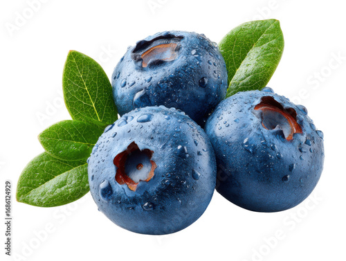 Vibrant Blueberry Delight: Capture the essence of freshness with an exquisite close-up of ripe, juicy blueberries adorned with vibrant green leaves, a perfect visual treat.