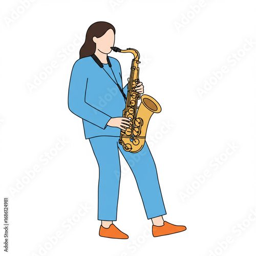 Woman Playing Saxophone Illustration A Musical Performance in Blue and Gold