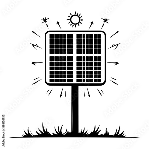 Solar powered technology: Solar panels on grass, useful for power generation - can be used for online marketing, advertising, presentation slides or e-learning modules.