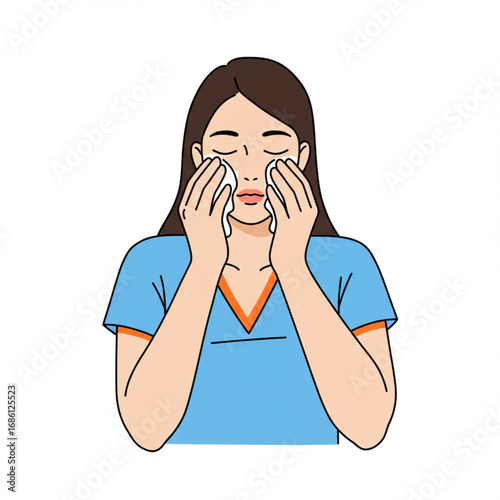Woman gently cleansing her face with soft cloths, engaged in a soothing skincare routine, promoting healthy, refreshed, and radiant skin
