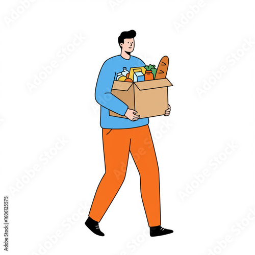 Illustration of a person responsibly transporting a cardboard box filled with nutritious food items, symbolizing home provisioning and healthy eating habits for daily life