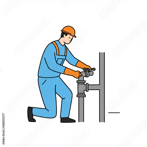 Plumber working on industrial pipes with a wrench, illustration of a skilled professional performing maintenance on water or gas systems