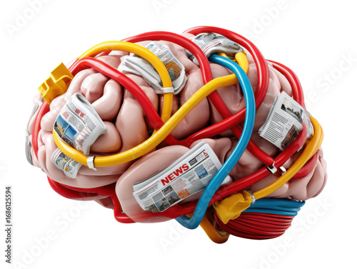 Brain with News: An intricate artistic depiction of a human brain tangled with wires and news articles, representing information overload and the complexities of mental processing.