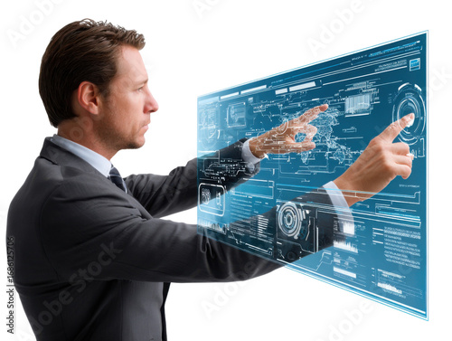 Tech Visionary: A visionary figure interacts with a futuristic holographic display. Capturing the essence of innovation, advanced technology and futuristic design