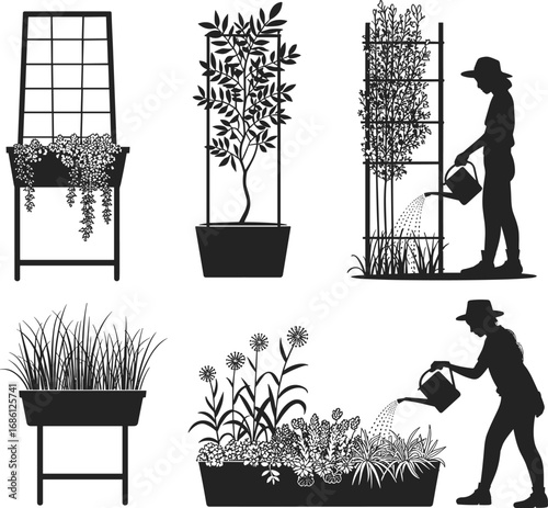 Silhouette of woman watering plants, vertical garden with potted flowers, garden care, urban gardening, flowerpots, watering can, nature, outdoor gardening illustration