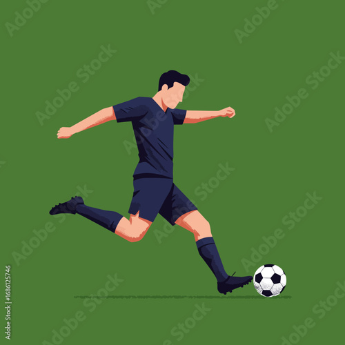 A soccer player in motion, preparing to kick a ball on a green background.