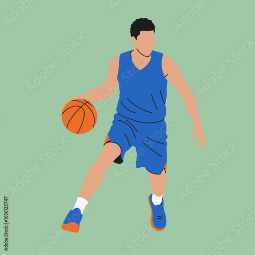 A stylized illustration of a basketball player dribbling a ball in motion.