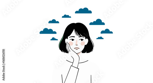 A thoughtful young woman with clouds overhead, expressing pensive contemplation.