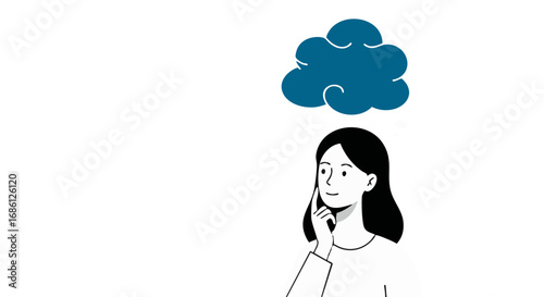 Illustrated woman looking thoughtfully with a blue cloud floating above her head, symbolizing ideas or thoughts.