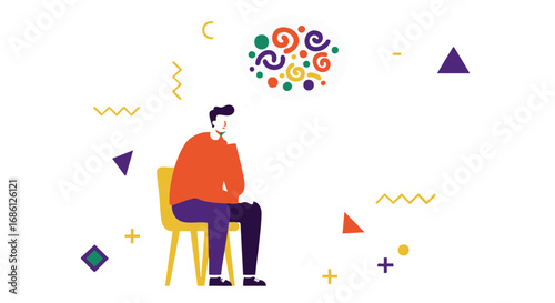 A person sitting on a chair, contemplating a colorful and abstract thought bubble.