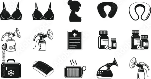 Maternity, breastfeeding, baby care, nursing bra, breast pump, mother silhouette, medicine, comfort pillow, first aid, heater, vaporizer, essentials, newborn, postpartum, lactation