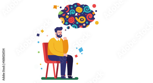 Man thoughtfully sits, colorful ideas swirling in his mind.