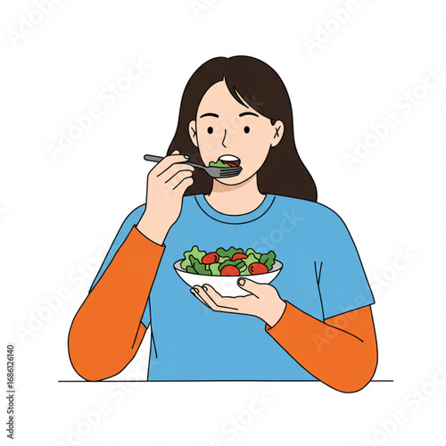 A cheerful young woman happily eating a fresh vegetable salad from a bowl. A concept illustration for healthy lifestyle, dieting, and balanced nutrition