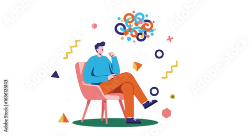 An illustration of a man sitting thoughtfully in a pink chair, contemplating colorful abstract shapes and geometric elements representing ideas or complex thoughts.