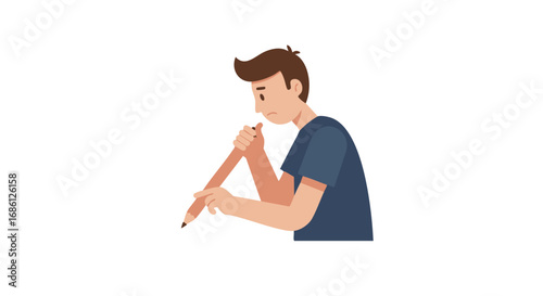 A young man is holding a large pencil, appearing to be writing or drawing on an unseen surface.