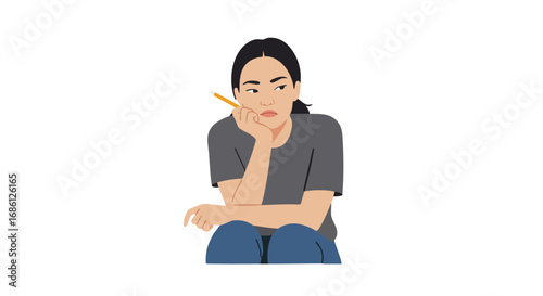 A pensive young woman sits thoughtfully, holding a pencil.