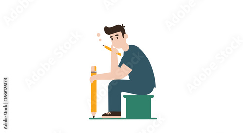 Illustration of a man sitting on a stool, contemplating with a pencil in his hand, next to a large pencil.