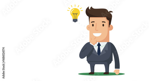 A cartoon businessman in a suit has a brilliant idea, symbolized by a glowing lightbulb.