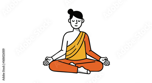Serene monk meditating in lotus position, simple line art illustration.