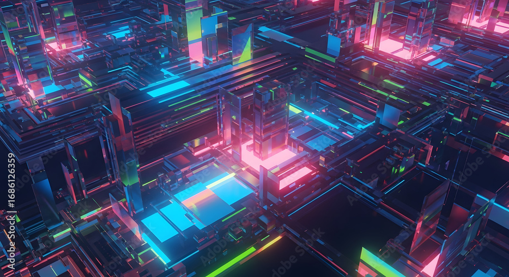 Obraz premium Cyberpunk city with neon lights and futuristic architecture, digital rendering.