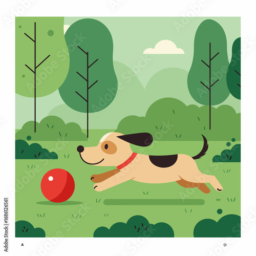 A playful dog chases a red ball in a vibrant, green park setting.