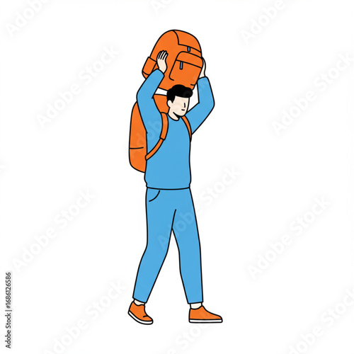 A young traveler character carrying a heavy backpack and another large bag on his shoulders, a minimalist vector illustration about journey and burden