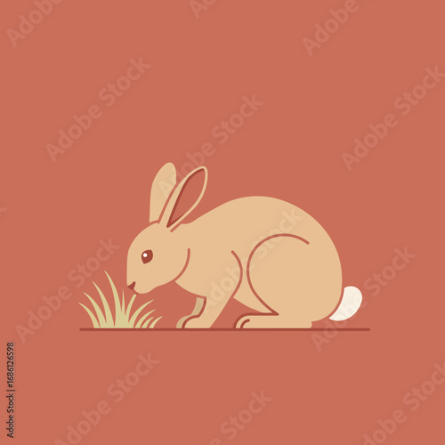 A simple illustration of a rabbit nibbling on grass against a warm background.