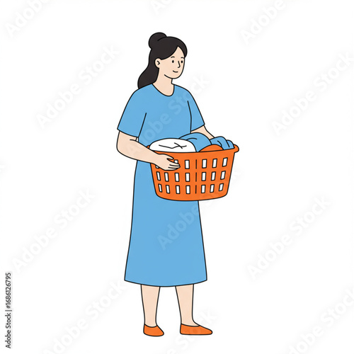 Depiction of a woman engaged in household duties, holding a vibrant orange laundry basket filled with clothes, representing domestic life and daily routines