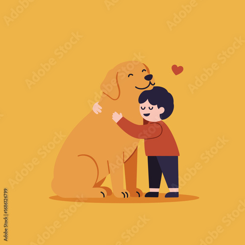A child joyfully hugs a large dog, expressing love and companionship.