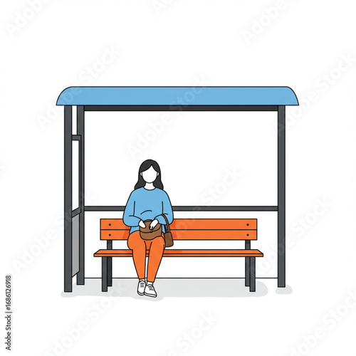 Illustration of a young woman sitting alone on a bench at a bus stop, waiting for public transportation in the city