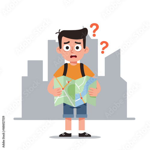 A confused boy holding a map in a cityscape, looking lost and unsure.
