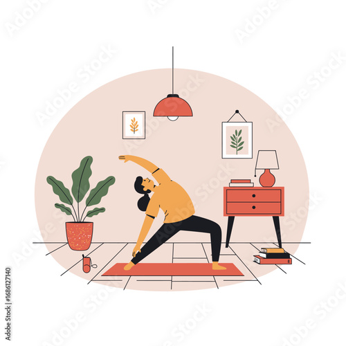 A person practicing yoga at home with plants and decor.