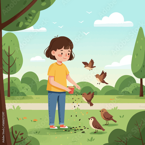 A child feeds birds in a park, enjoying nature and interacting with wildlife.