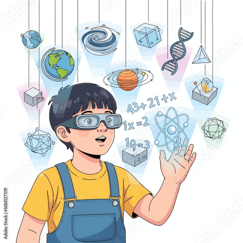 Young boy with augmented reality glasses explores science, space, and mathematical concepts
