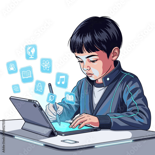 Young Boy Engaged in Interactive Learning on Tablet with Floating Icon Graphics
