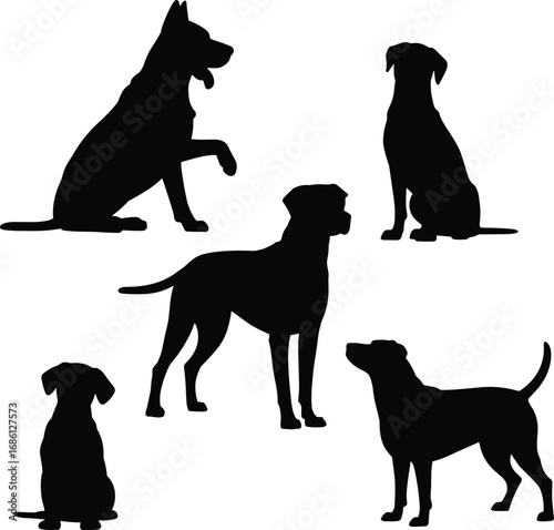 Silhouettes of five dogs in different poses, sitting and standing, pet animals, canine companions, black shapes, isolated on white background, simple design.
