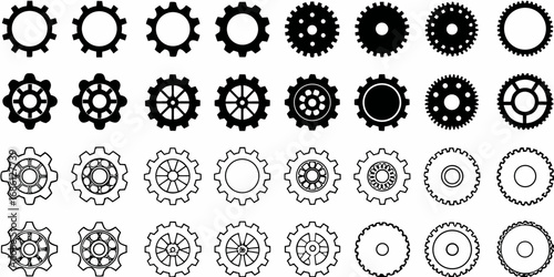 Collection of diverse gear and cogwheel icons in black and white representing mechanical components and engineering