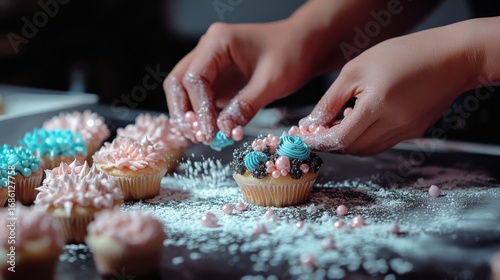 Decorated cupcakes are being prepared by hands.
