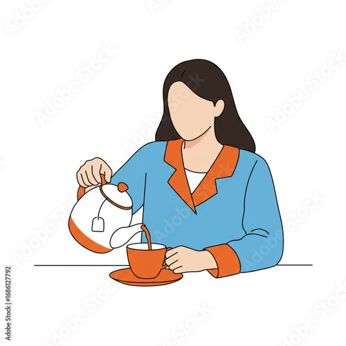 Minimalist illustration of a woman pouring hot tea from a teapot into a cup, enjoying a quiet and relaxing break during the day
