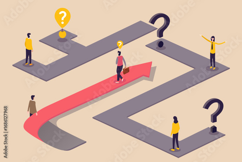 Business people navigating a complex maze with question marks and a clear path forward