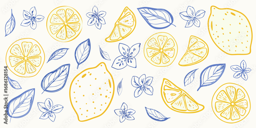 Hand drawn yellow lemons slices leaves and flowers on white background Hand drawn yellow lemons slices leaves and flowers on white background