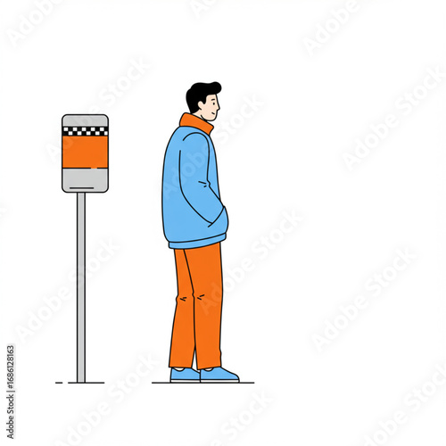 Waiting for a Ride Man Stands Beside a Taxi Stand on a White Background