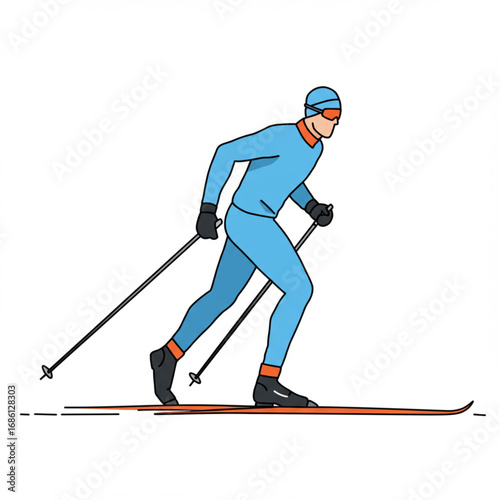 Illustration of a person cross-country skiing in a blue suit with ski poles and skis