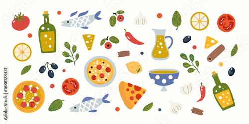 Flat design illustration of italian food and ingredients with pizza fish olives tomatoes lemons garlic and wine