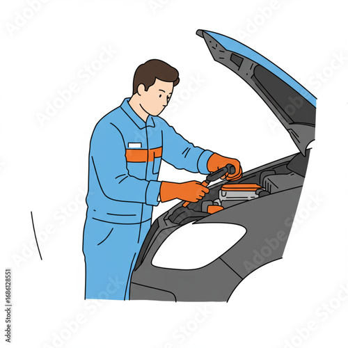 Professional mechanic diligently performs routine maintenance and inspection on a car engine, ensuring vehicle reliability and safety for its owner