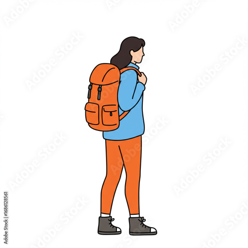 An illustration of a young woman with a vibrant orange backpack, ready for an adventure or a journey, depicted in a modern, clean line art style