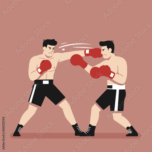 Two boxers engaged in a match, one delivering a punch to the other.