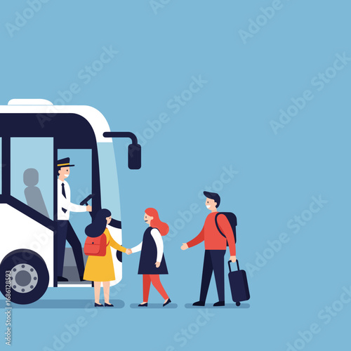 A bus scene with passengers boarding and greeting the driver.