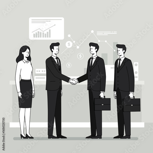 Two businessmen shake hands while a woman observes in a corporate setting.